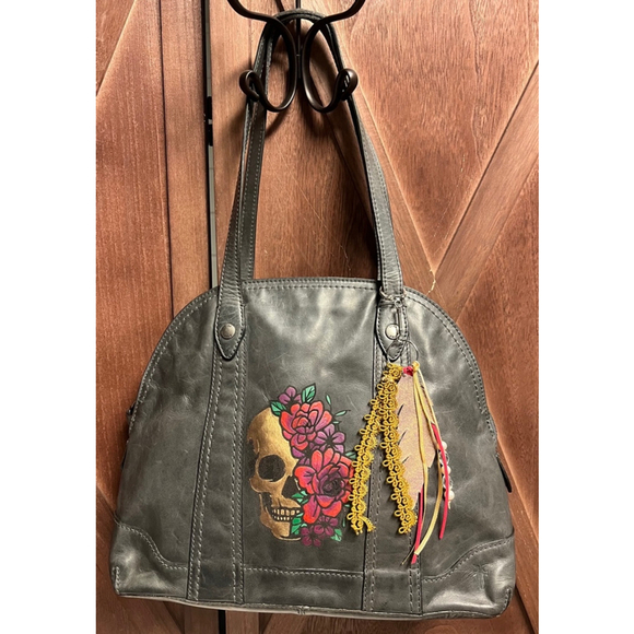Frye Handbags - Women's Frye Leather Hand Painted Satchel Gray Skull Floral Medium Upcycled